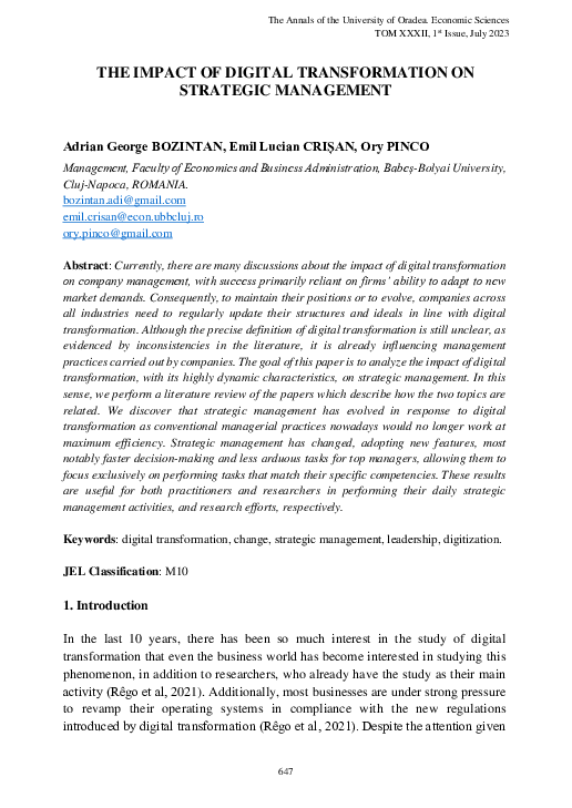 (PDF) The Impact of Digital Transformation on Strategic Management