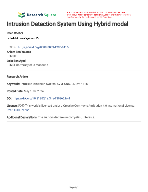 (PDF) Intrusion Detection System Using Hybrid model