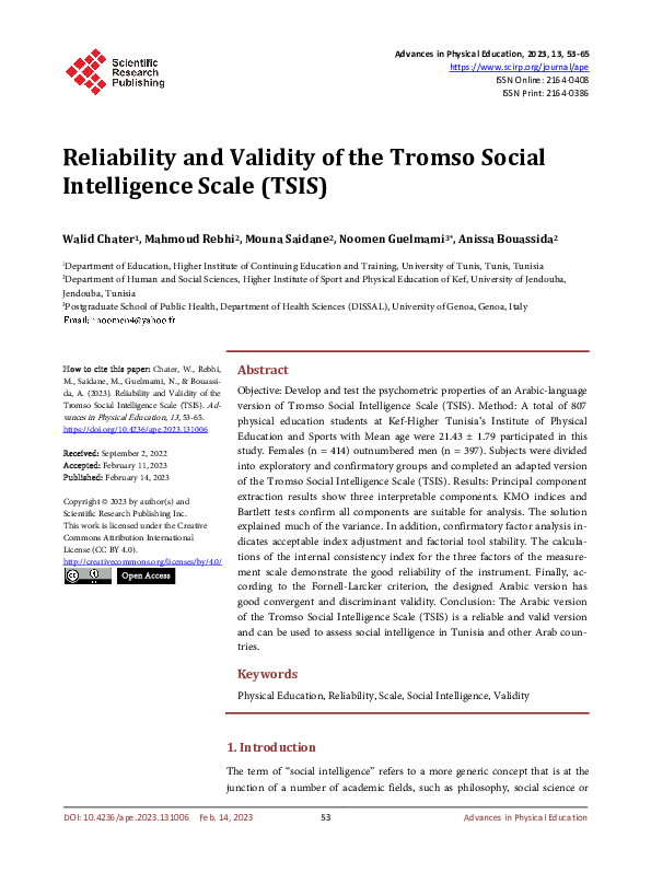 (PDF) Reliability and Validity of the Tromso Social Intelligence Scale ...