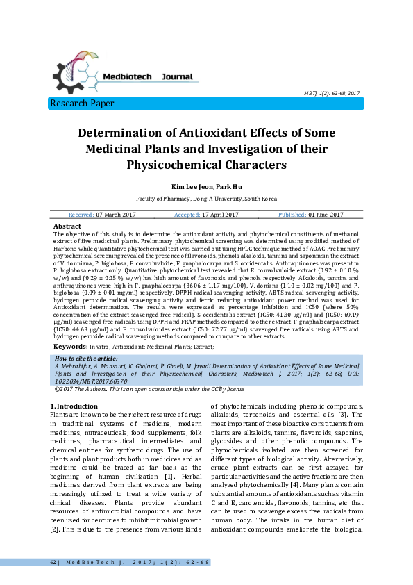 (PDF) Determination of Antioxidant Effects of Some Medicinal Plants and ...
