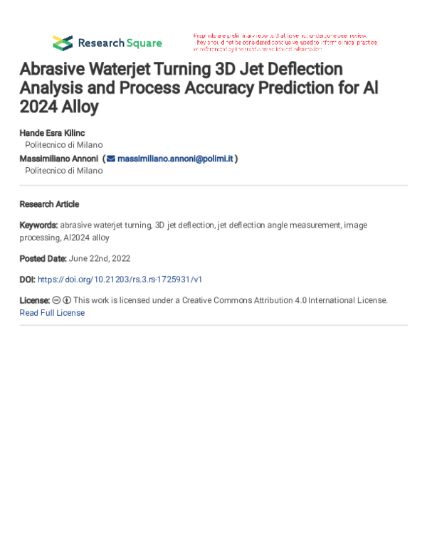 (PDF) Abrasive Waterjet Turning 3D Jet Deflection Analysis and Process ...