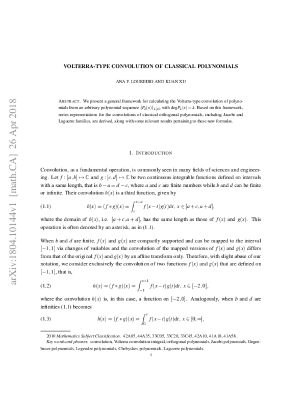 (PDF) Volterra-type convolution of classical polynomials