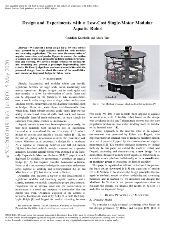 (PDF) Design and Experiments with a Low-Cost Single-Motor Modular ...