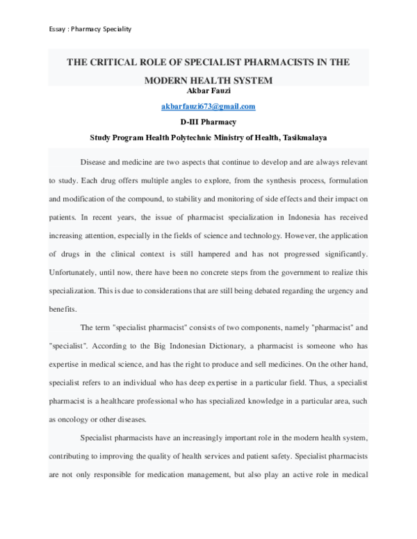 (PDF) THE CRITICAL ROLE OF SPECIALIST PHARMACISTS IN THE MODERN HEALTH ...
