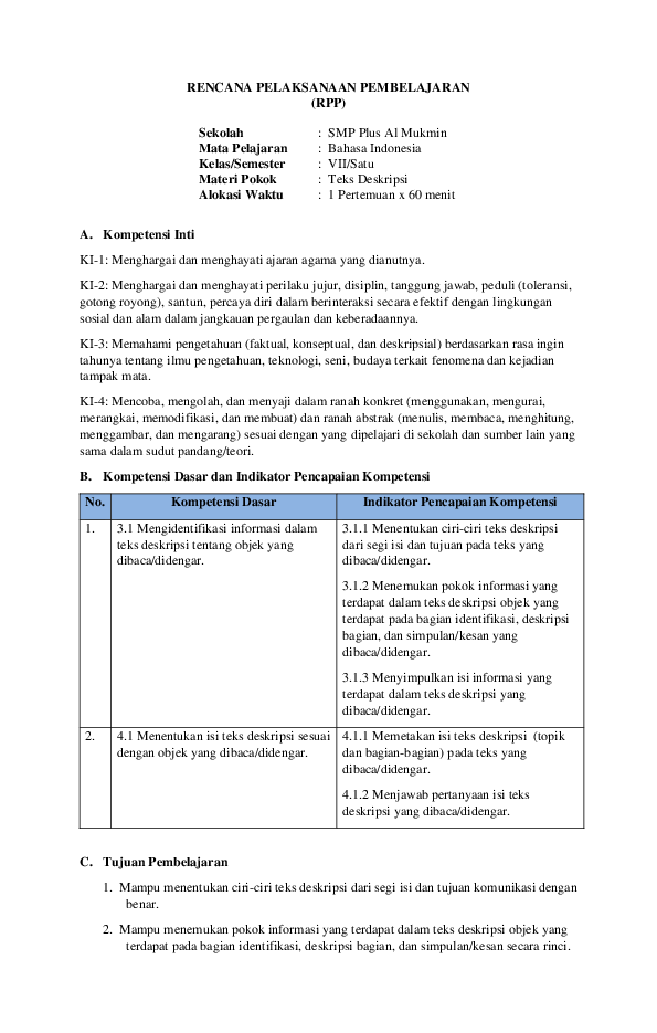 (PDF) Contoh RPP Bahasa Indonesia - Teks Deskripsi (VII/SMP)