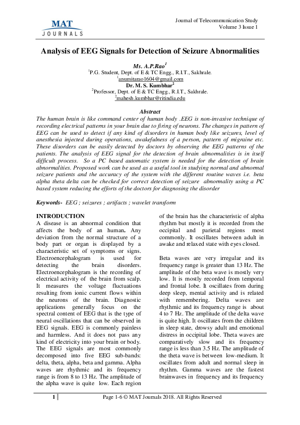(PDF) Analysis of EEG Signals for Detection of Seizure Abnormalities