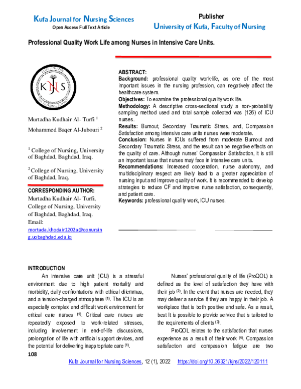 (PDF) Professional Quality Work Life among Nurses in Intensive Care Units