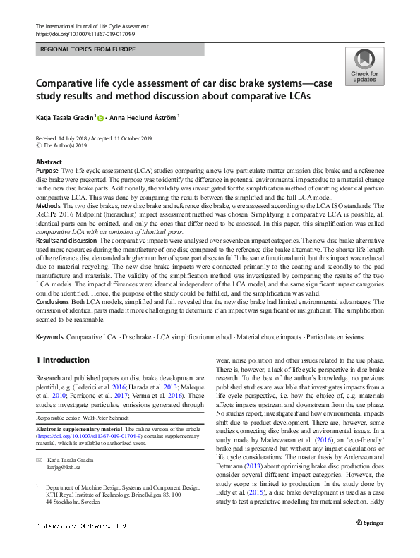 (PDF) Comparative Life Cycle Assessment of Car Disc Brake Systems ...