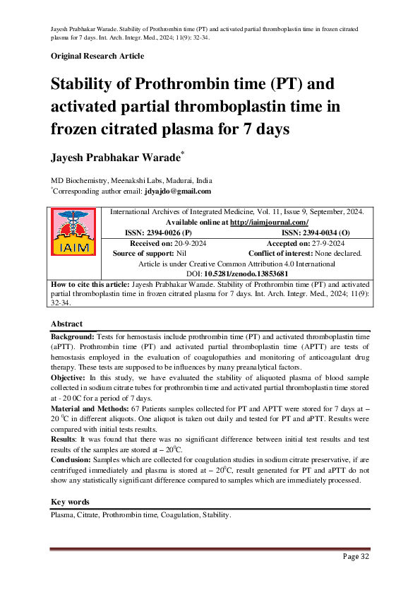 (PDF) Stability of Prothrombin time (PT) and activated partial ...