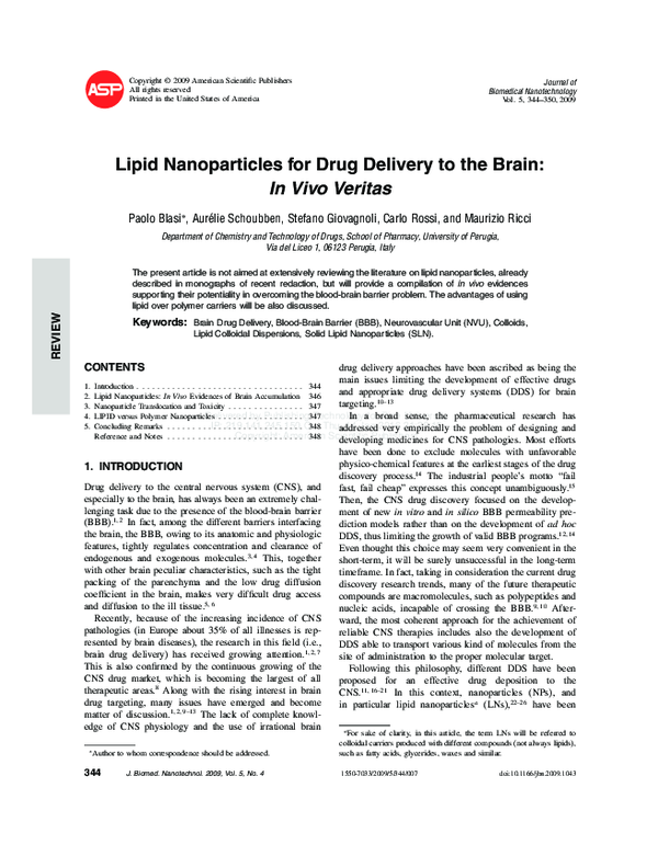 (PDF) Lipid Nanoparticles for Drug Delivery to the Brain: In Vivo Veritas