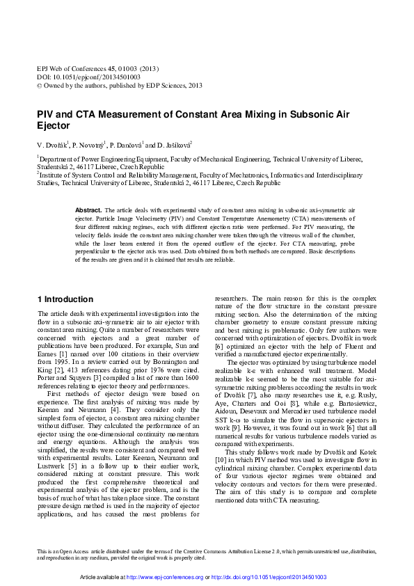 (PDF) PIV and CTA Measurement of Constant Area Mixing in Subsonic Air ...