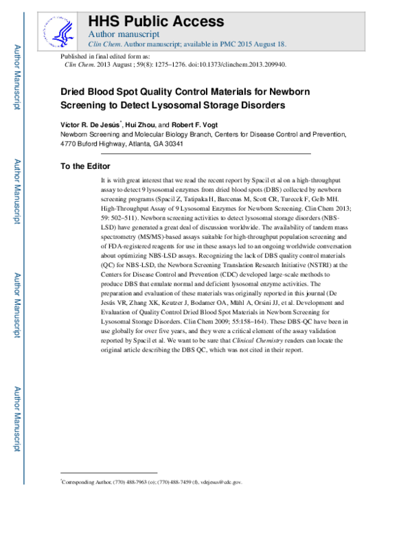 (PDF) Dried Blood Spot Quality Control Materials for Newborn Screening ...