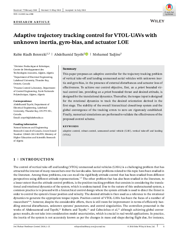 (PDF) Adaptive trajectory tracking control for VTOL-UAVs with unknown ...