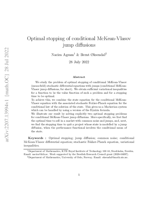 (PDF) Optimal stopping of conditional McKean-Vlasov jump diffusions