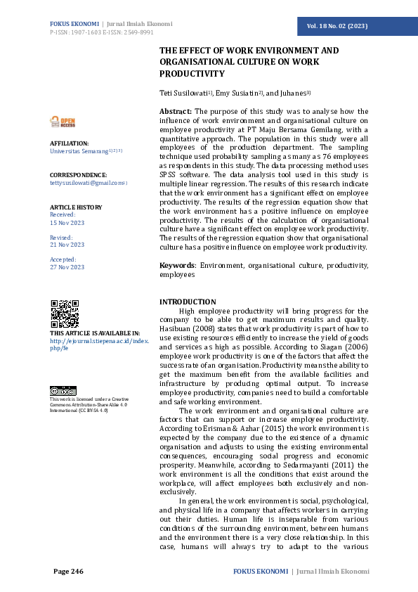(PDF) The Effect of Work Environment and Organisational Culture on Work ...
