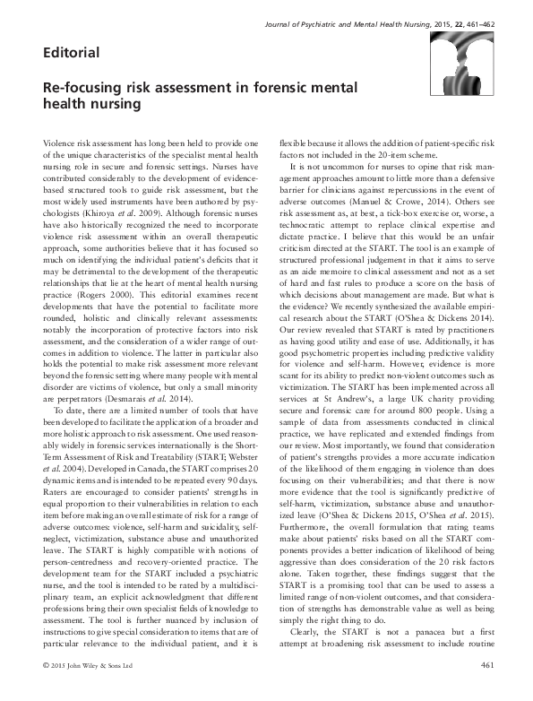 (PDF) Re-focusing risk assessment in forensic mental health nursing