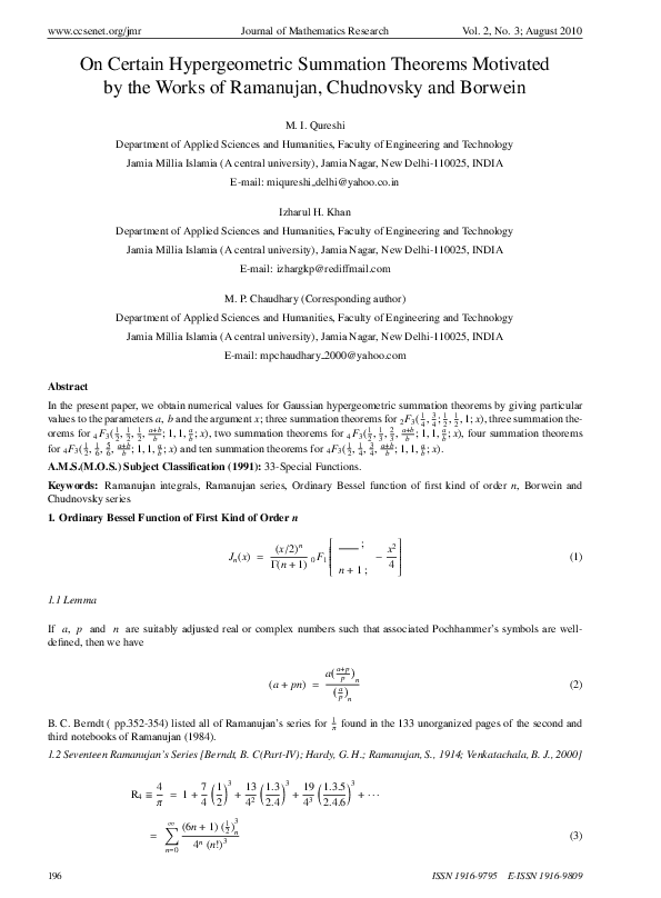 (PDF) On Certain Hypergeometric Summation Theorems Motivated by the ...
