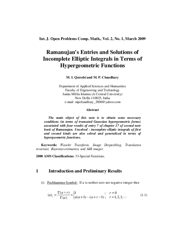 (PDF) Ramanujan's Entries and Solutions of Incomplete Elliptic ...