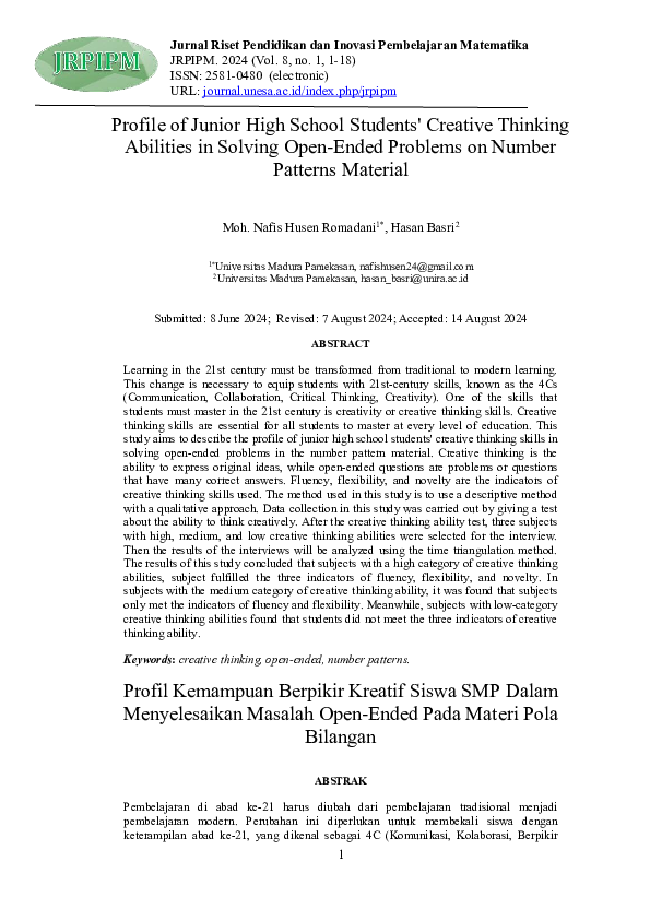 (PDF) Profile of Junior High School Students' Creative Thinking ...