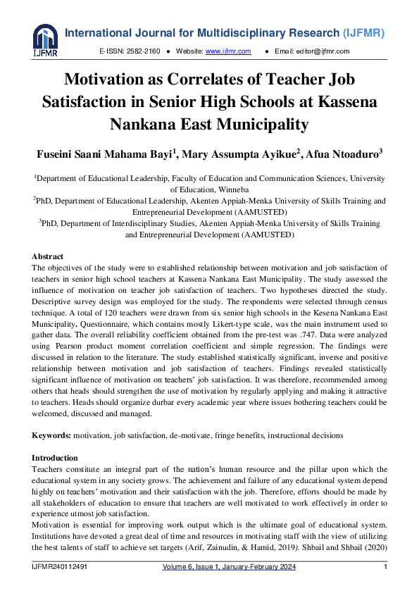 (PDF) Motivation as Correlates of Teacher Job Satisfaction in Senior ...