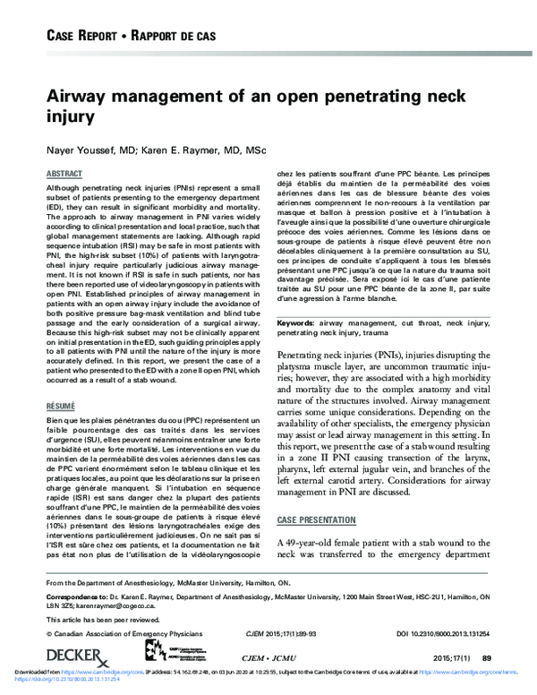 (PDF) Airway management of an open penetrating neck injury