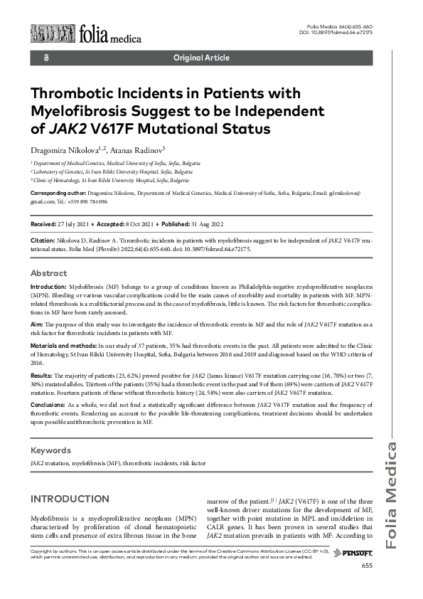 (PDF) Thrombotic incidents in patients with myelofibrosis suggest to be ...