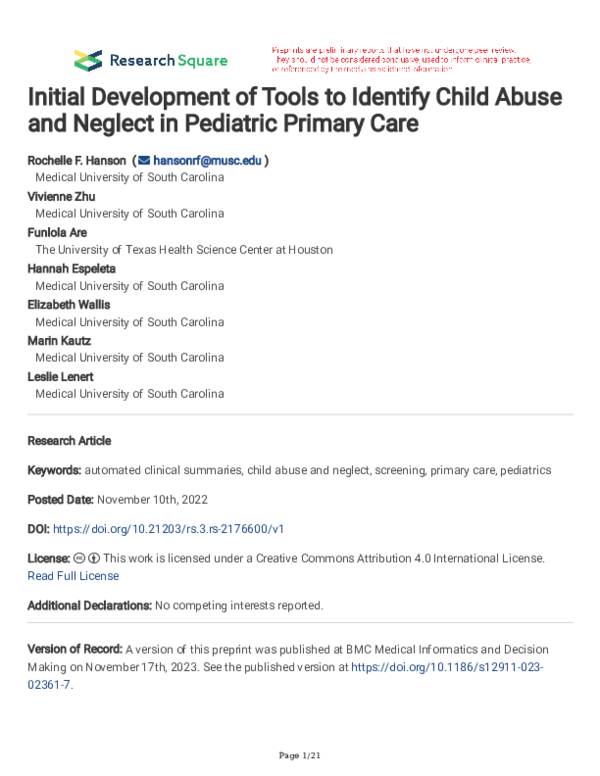 (PDF) Initial Development of Tools to Identify Child Abuse and Neglect ...