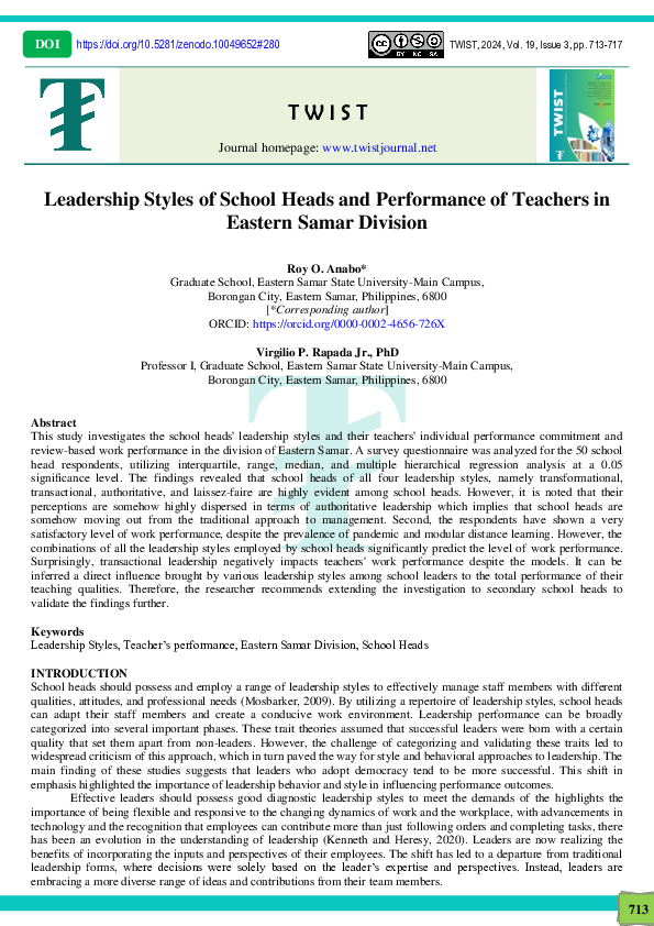 (PDF) Leadership Styles of School Heads and Performance of Teachers in ...
