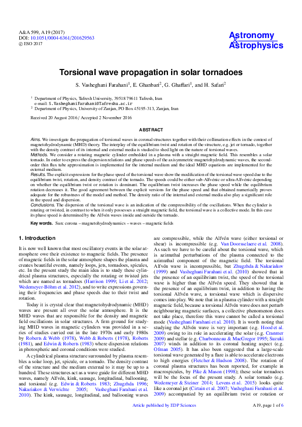(PDF) Torsional wave propagation in solar tornadoes