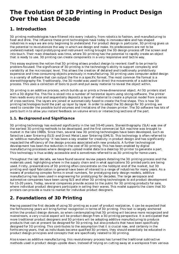 (PDF) The Evolution of 3D Printing in Product Design Over the Last Decade
