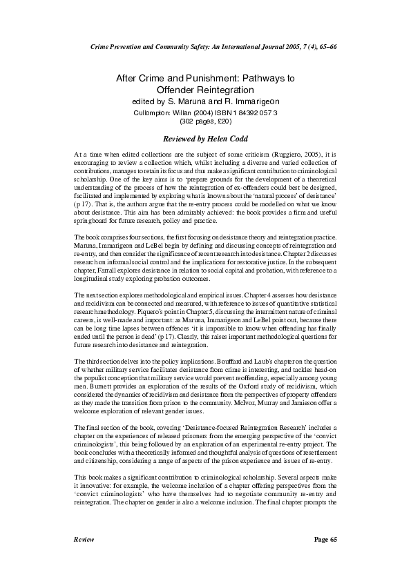 (PDF) After Crime and Punishment: Pathways to Offender Reintegration
