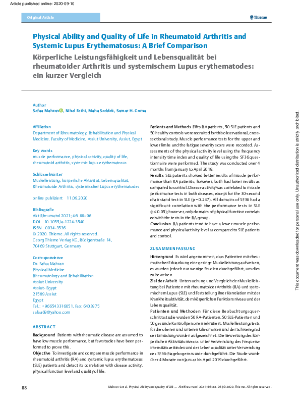 (PDF) Physical Ability and Quality of Life in Rheumatoid Arthritis and ...