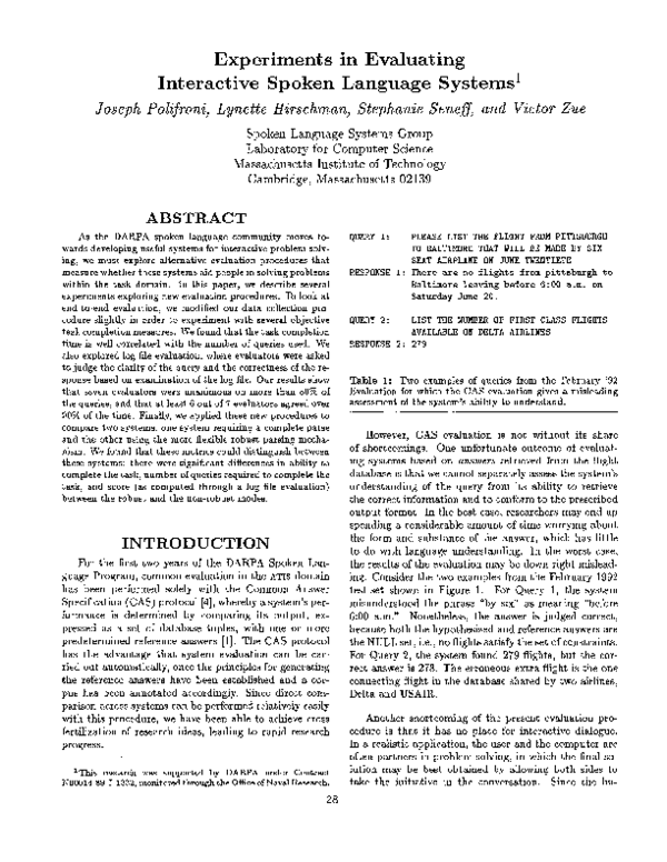 (PDF) Experiments in evaluating interactive spoken language systems