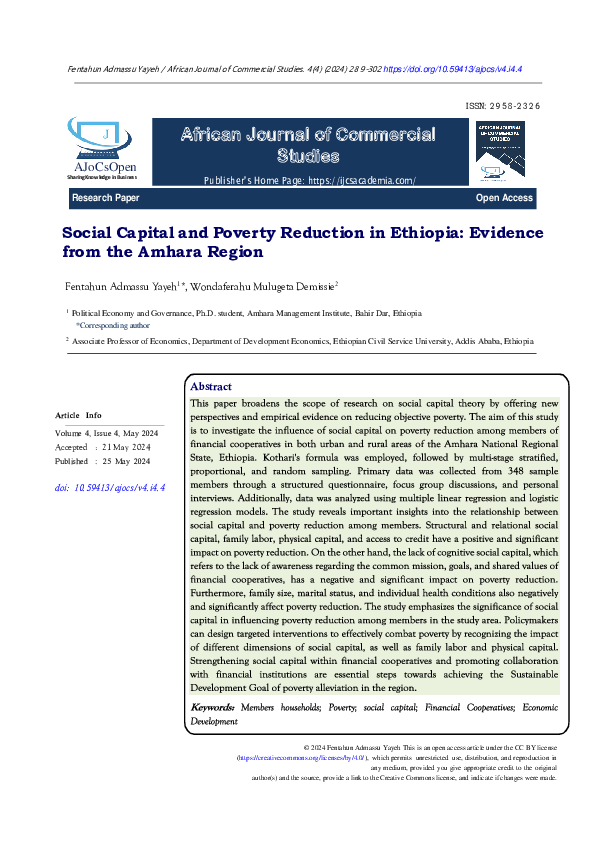 (PDF) Social Capital and Poverty Reduction in Ethiopia: Evidence from ...