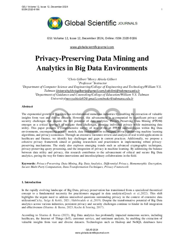 (PDF) Privacy-Preserving Data Mining and Analytics in Big Data Environments