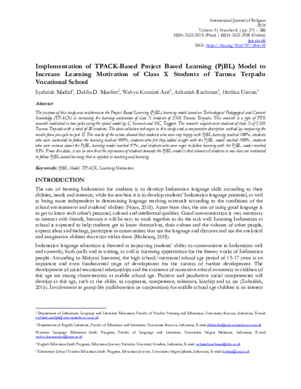 (PDF) Implementation of TPACK-Based Project Based Learning (PjBL) Model ...