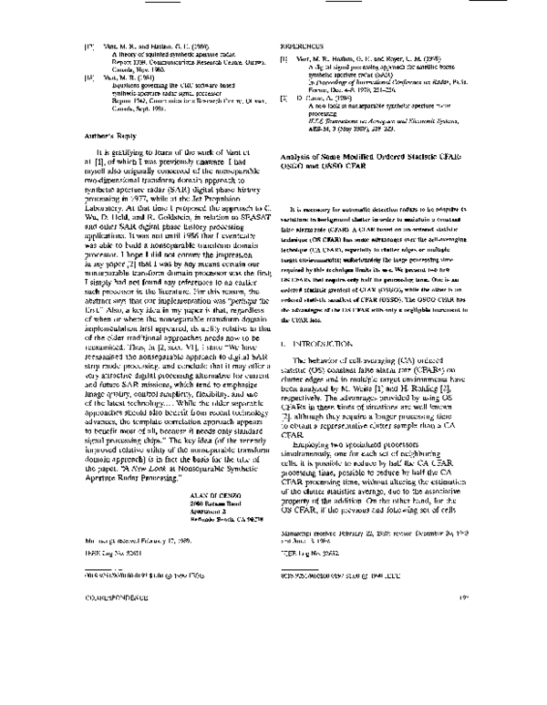 (PDF) Analysis of some modified ordered statistic CFAR: OSGO and OSSO CFAR