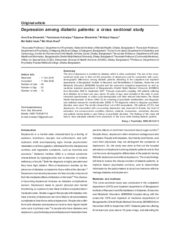 (PDF) Depression among diabetic patients: a cross sectional study