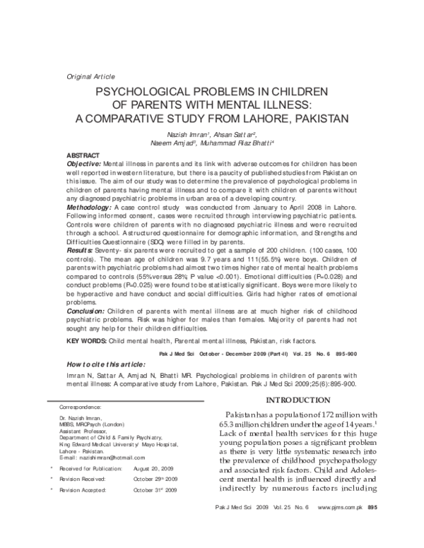(PDF) Psychological problems in children of parents with mental illness ...