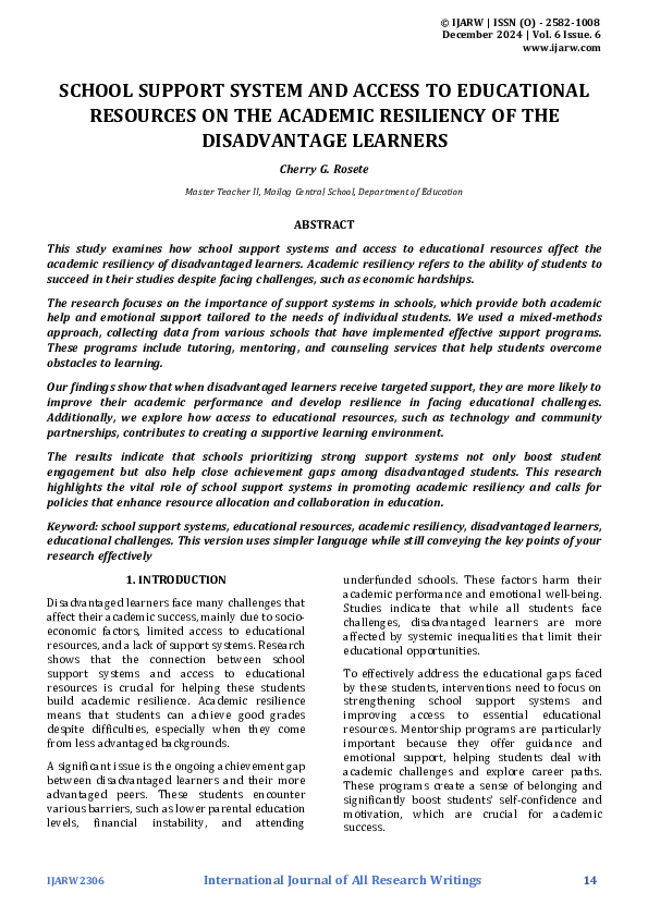 (PDF) SCHOOL SUPPORT SYSTEM AND ACCESS TO EDUCATIONAL RESOURCES ON THE ...