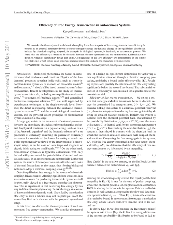 (PDF) Efficiency of Free Energy Transduction in Autonomous Systems