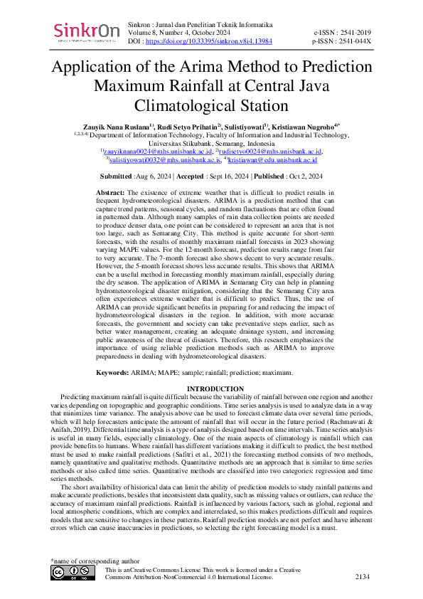 (PDF) Application of the Arima Method to Prediction Maximum Rainfall at ...