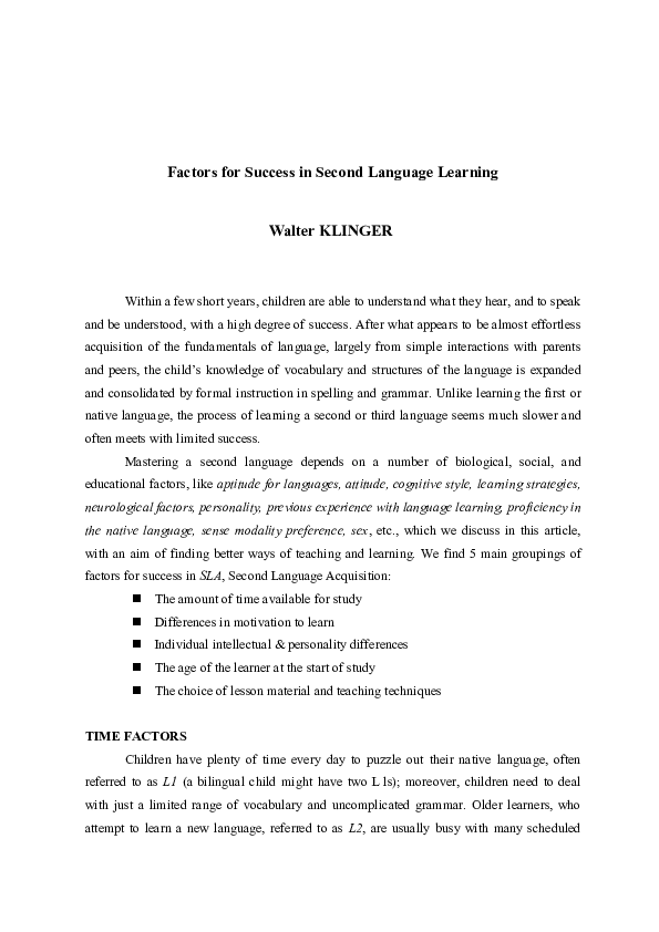 (PDF) Factors for Success in Second Language Learning