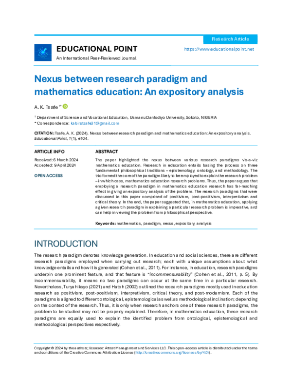 (PDF) Nexus between research paradigm and mathematics education: An ...