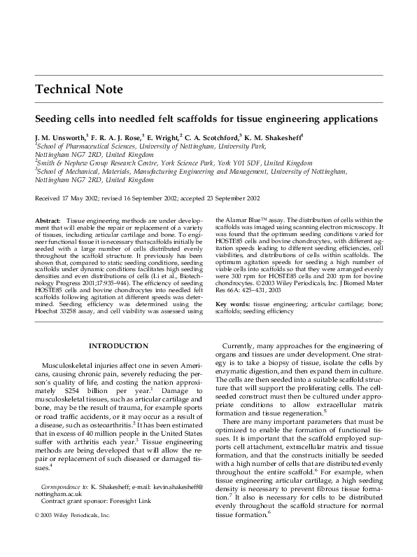 (PDF) Seeding cells into needled felt scaffolds for tissue engineering ...