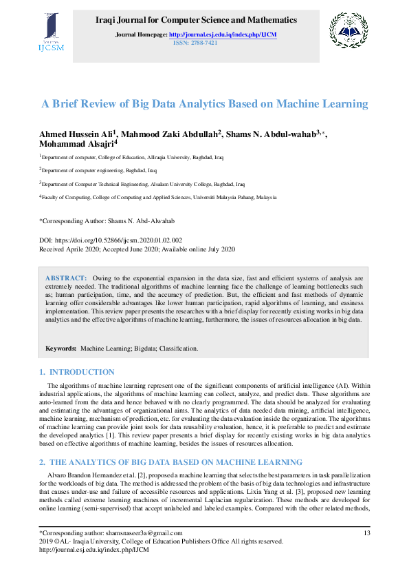 (PDF) A Brief Review of Big Data Analytics Based on Machine Learning