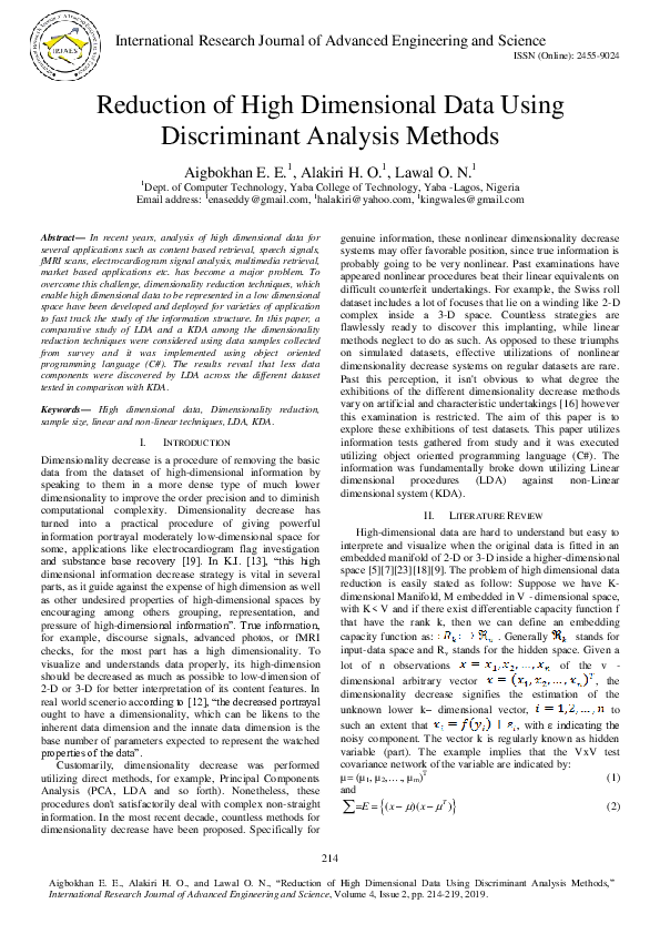 (PDF) Reduction of High Dimensional Data Using Discriminant Analysis ...