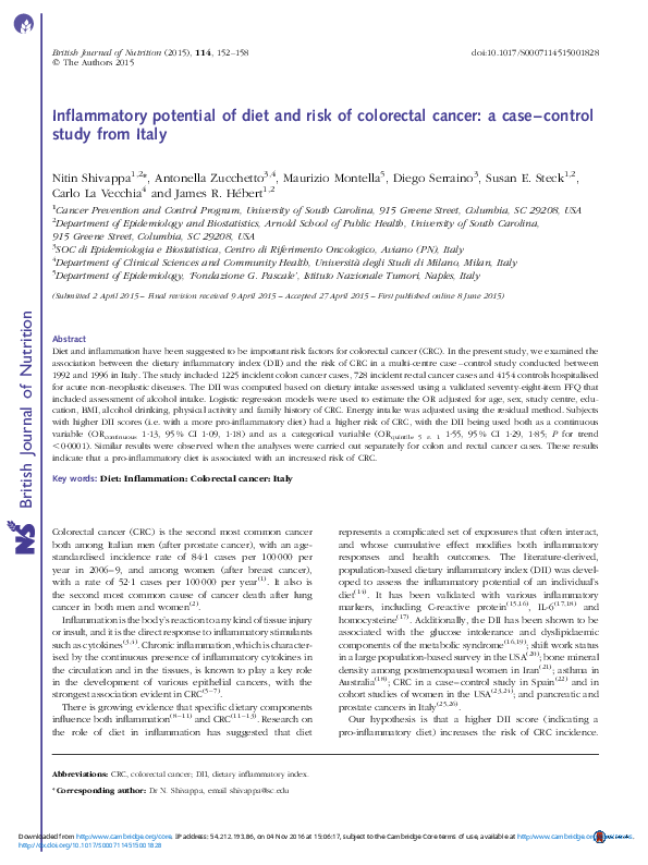 (PDF) Inflammatory potential of diet and risk of colorectal cancer: a ...