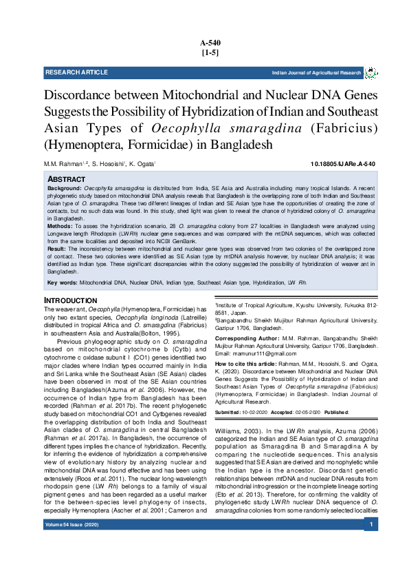 (PDF) Discordance between Mitochondrial and Nuclear DNA Genes Suggests ...