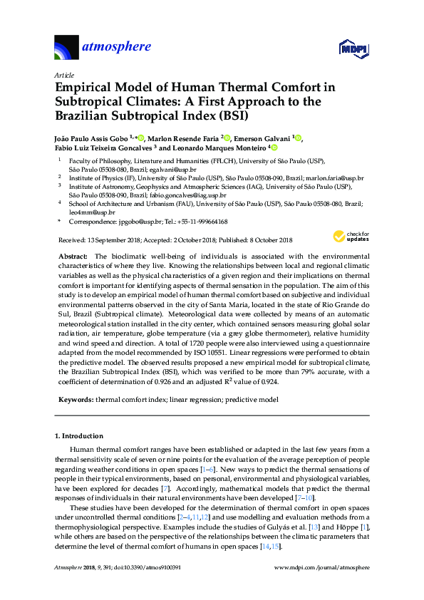 (PDF) Empirical Model of Human Thermal Comfort in Subtropical Climates ...